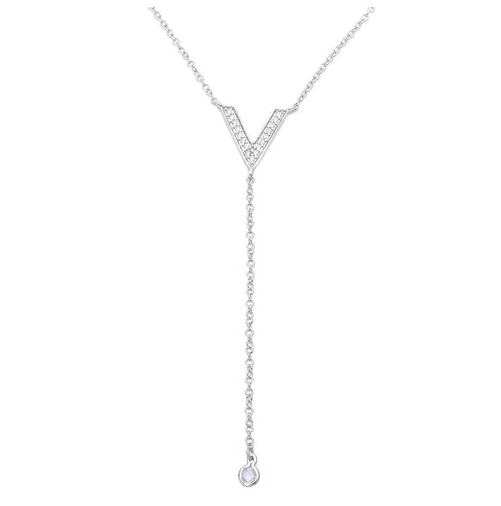 .925 Sterling Silver Rhodium Plated V Shape Cz Drop Necklace