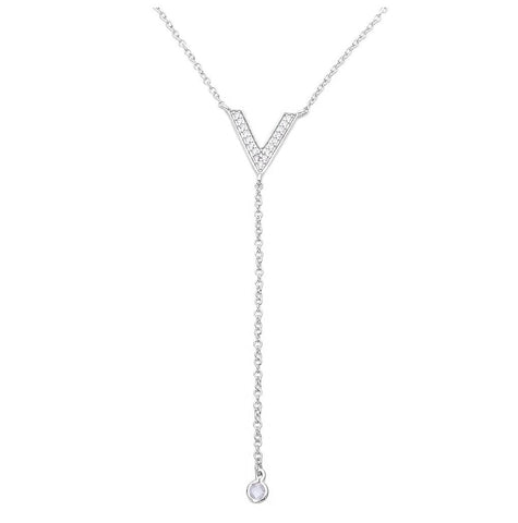 .925 Sterling Silver Rhodium Plated V Shape Cz Drop Necklace