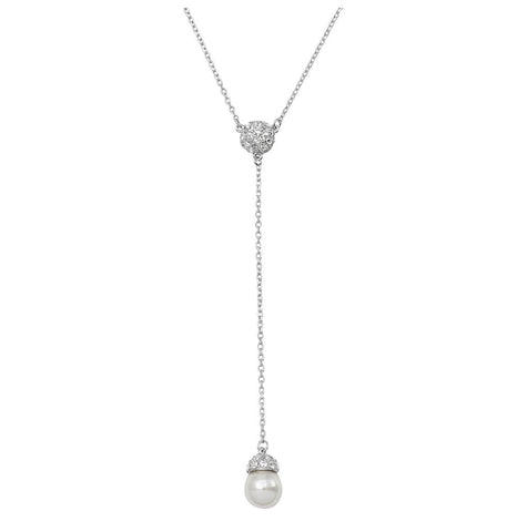 .925 Sterling Silver Rhodium Plated Cz Drop Synthetic Pearl Necklace