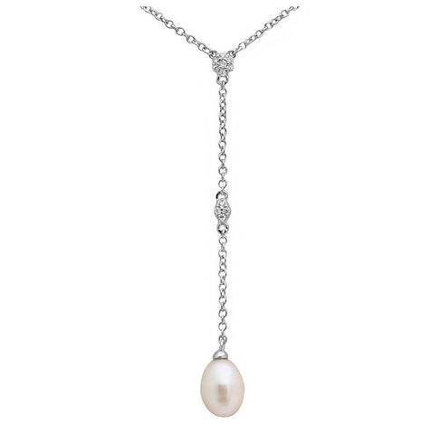 .925 Sterling Silver Rhodium Plated Cz Drop Fresh Water Pearl Necklace