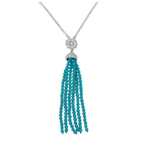 .925 Sterling Silver Rhodium Plated Flower Centered Turquoised Beads Strands Necklace