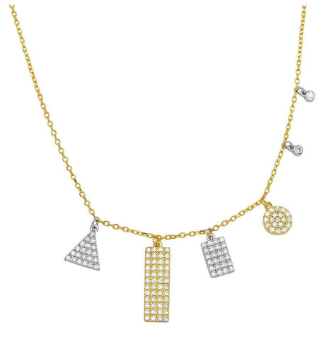 .925 Sterling Silver Gold Plated Chain Multi Shape 2 Toned Cz Encrusted Charm Necklace