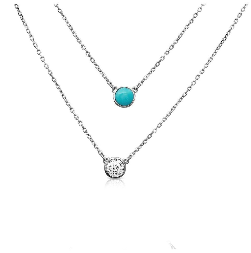 .925 Sterling Silver Rhodium Plated 2 Stranded Necklace With Turqouise & Cz