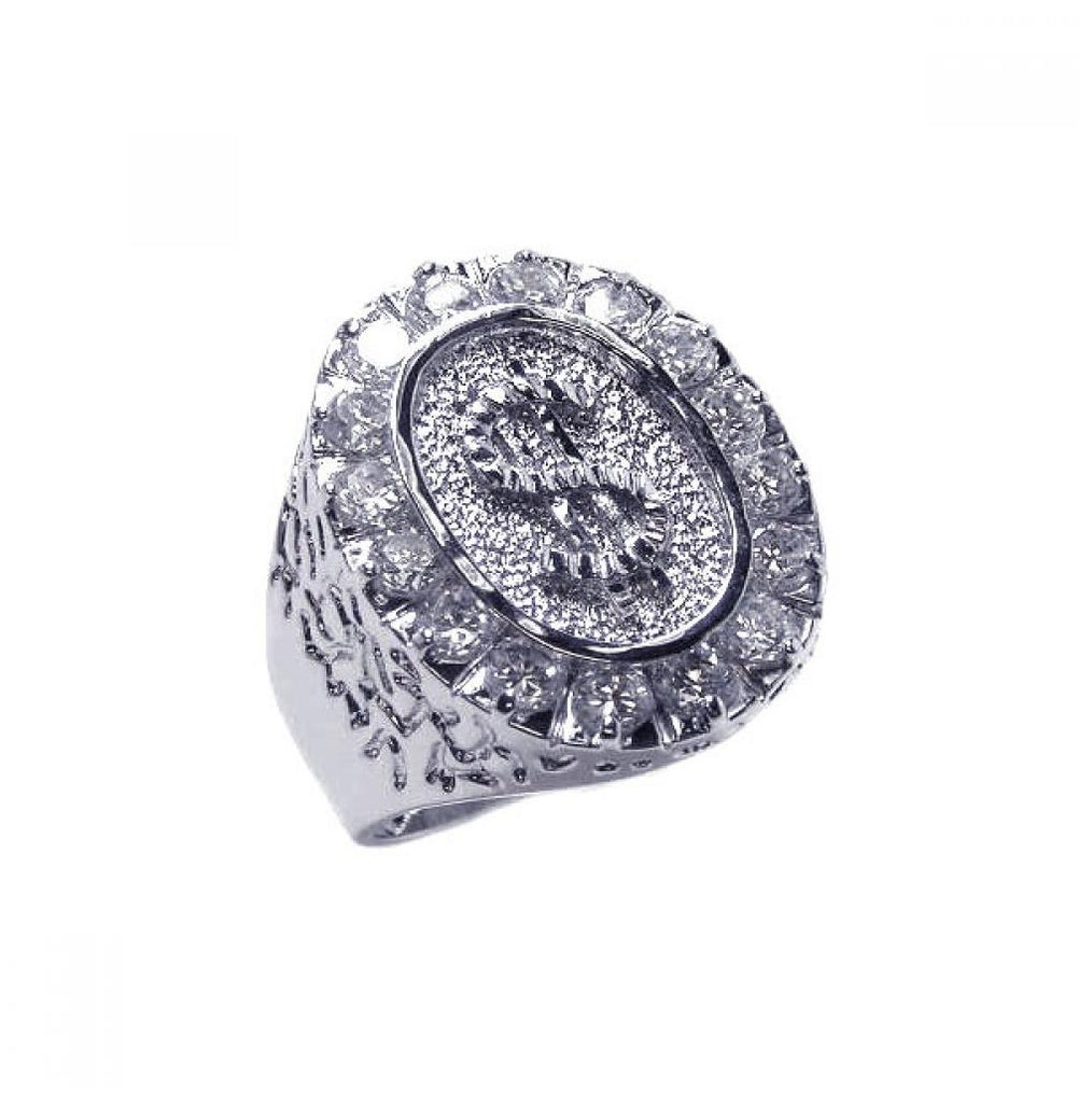 .925 Sterling Silver Rhodium Plated Clear Cluster Cz Men's Cigar Band Dollar Sign Ring, <b>size: 5</b>