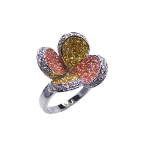 .925 Sterling Silver Three Toned Multi-color Cz Flower Ring, <b>size: 5</b>