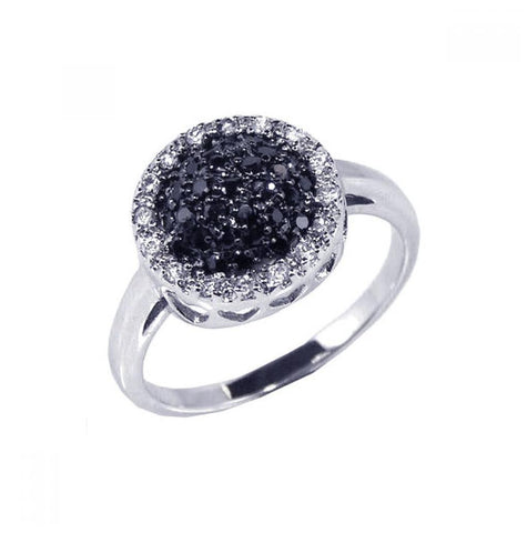 .925 Sterling Silver Rhodium & Black Rhodium Plated Clear & Black Cz Circle Ring, <b>size: 5</b>