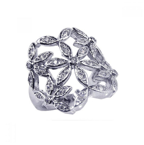 .925 Sterling Silver Rhodium Plated Clear Cz Cigar Band Flower Ring