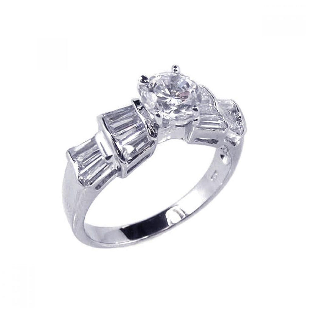 .925 Sterling Silver Rhodium Plated Clear Baguette Round Center Cz Bridal Ring, <b>size: 5</b>