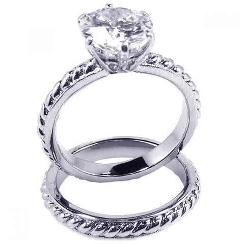 .925 Sterling Silver Rhodium Plated Clear Solitaire Cz Rope Bridal Ring Set, <b>size: 5</b>