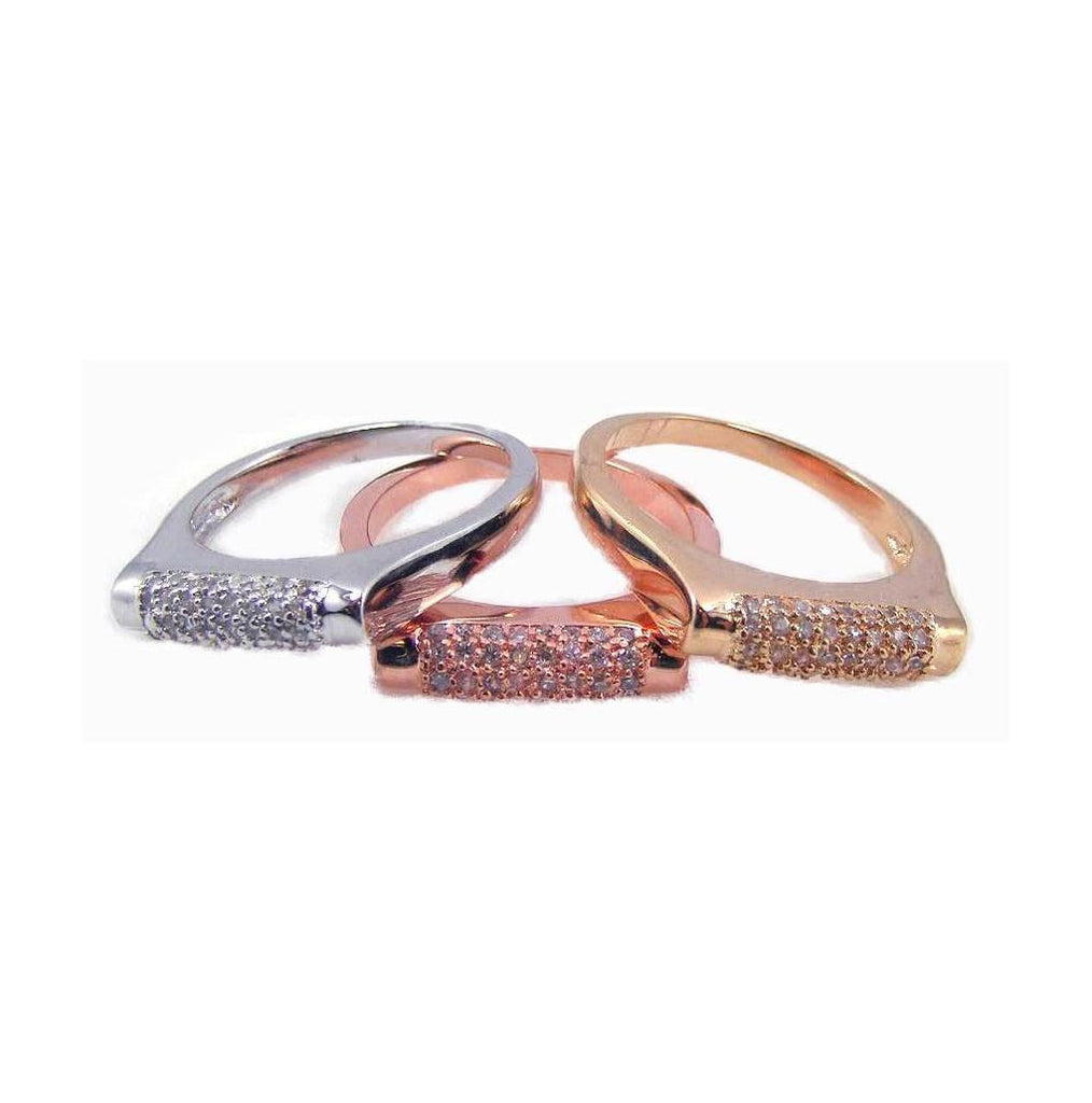 .925 Sterling Silver Rhodium, Gold & Rose Gold Plated Cz 3 Ring Set, <b>size: 5</b>