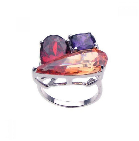 .925 Sterling Silver Rhodium Plated Multi Colored Cz Shaped Ring, <b>size: 5</b>