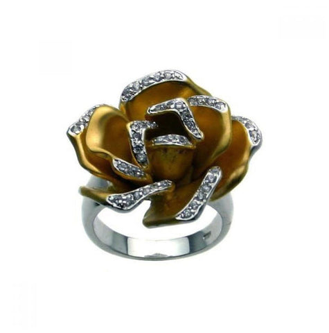 .925 Sterling Silver Rhodium & Gold Plated 2 Toned Clear Cz Flower Ring