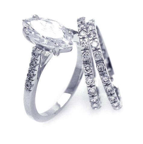 .925 Sterling Silver Rhodium Plated Clear Marquise Center Round Cz Bridal Ring Set, <b>size: 5</b>