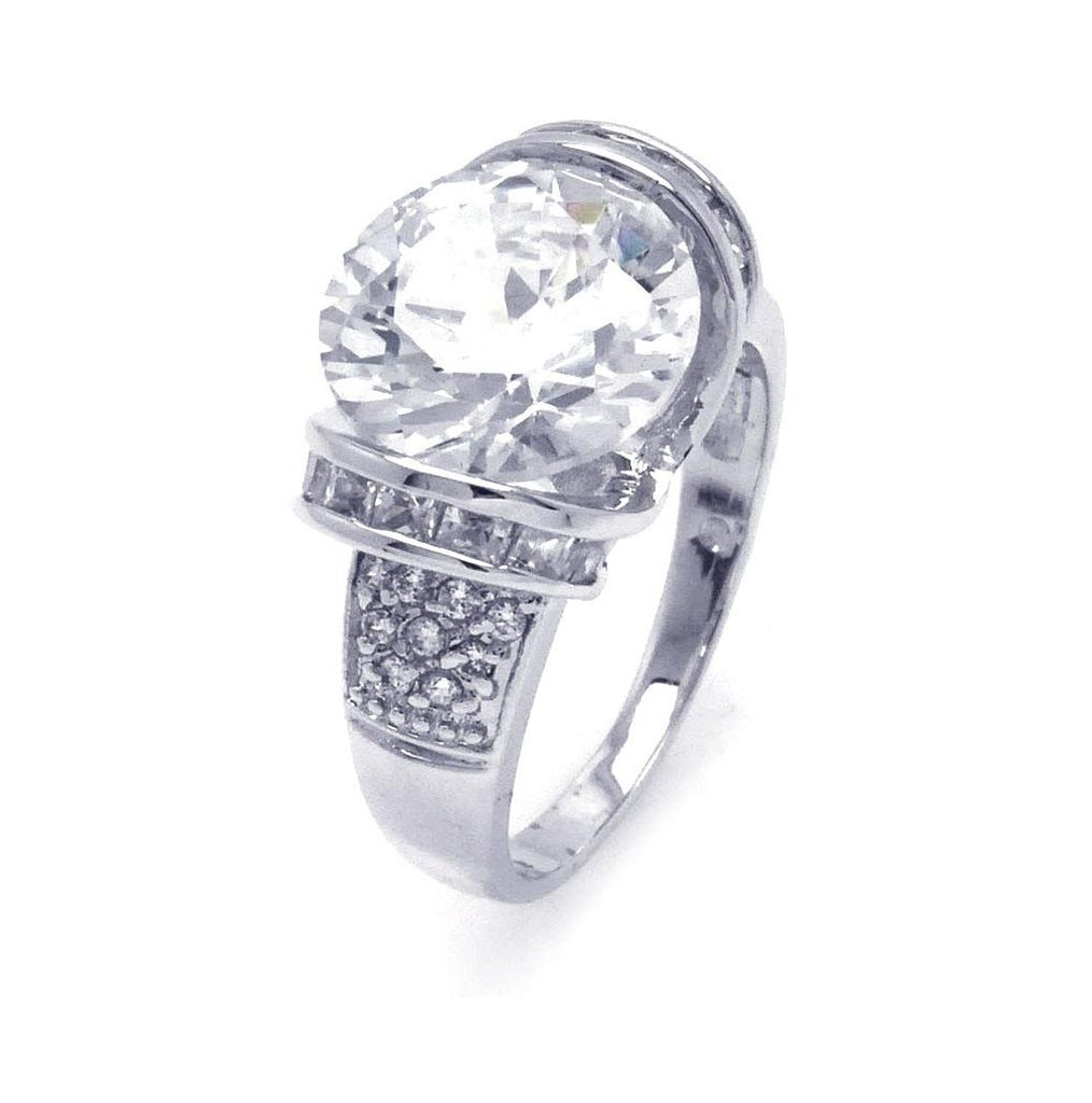 .925 Sterling Silver Rhodium Plated Clear Baguette Pave Set Round Center Cz Bridal Ring, <b>size: 5</b>