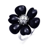 .925 Sterling Silver Rhodium Plated Black Onyx Clear Cz Flower Ring, <b>size: 5</b>