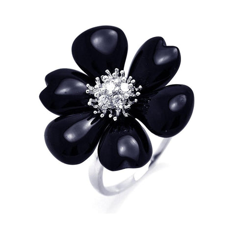 .925 Sterling Silver Rhodium Plated Black Onyx Clear Cz Flower Ring, <b>size: 5</b>