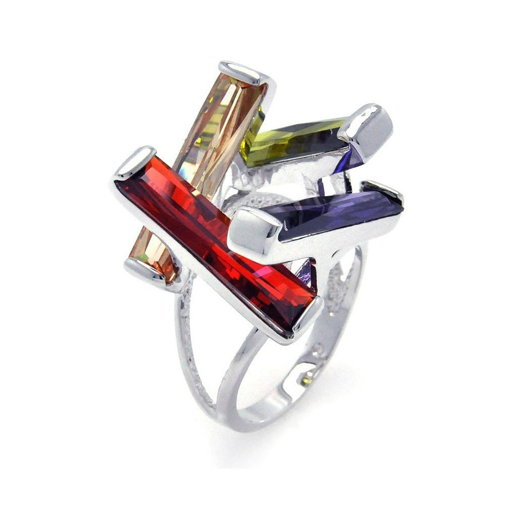 .925 Sterling Silver Rhodium Plated Multi Colored Cz Open Long Bar Ring, <b>size: 5</b>