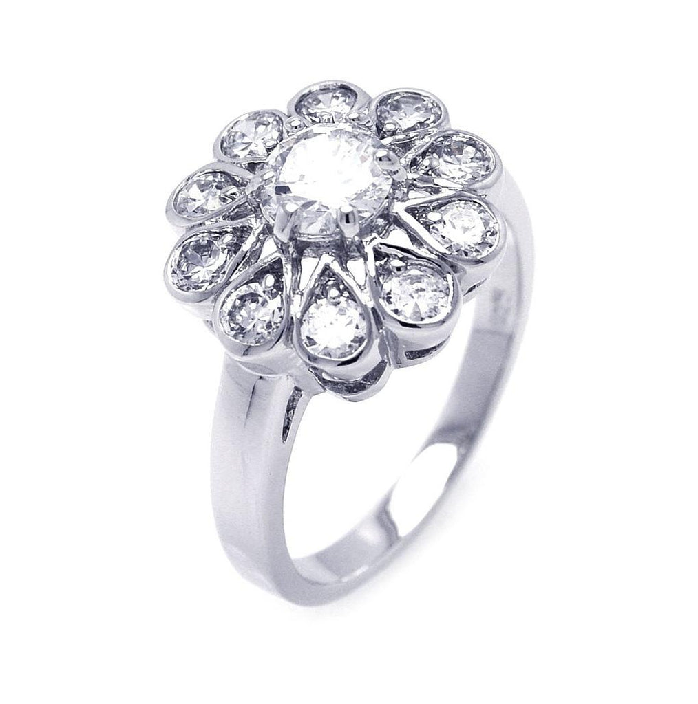 .925 Sterling Silver Rhodium Plated Round Center Cz Flower Ring, <b>size: 5</b>