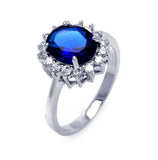 .925 Sterling Silver Rhodium Plated Oval Blue & Clear Cluster Cz Flower Ring, <b>size: 5</b>