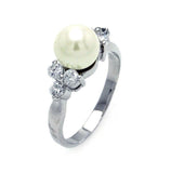 .925 Sterling Silver Rhodium Plated Synthetic Pearl Center Clear Cz Ring, <b>size: 5</b>
