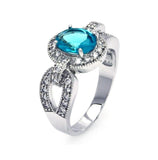 .925 Sterling Silver Rhodium Plated Aqua Center & Clear Cz Ring, <b>size: 5</b>