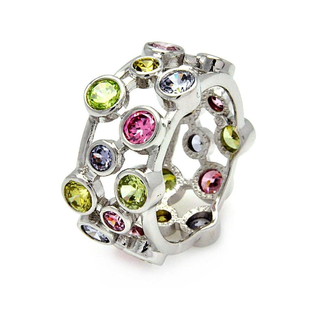 .925 Sterling Silver Rhodium Plated Multi Colored Cz Eternity Ring, <b>size: 5</b>