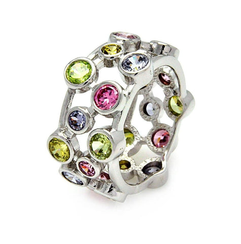 .925 Sterling Silver Rhodium Plated Multi Colored Cz Eternity Ring, <b>size: 5</b>