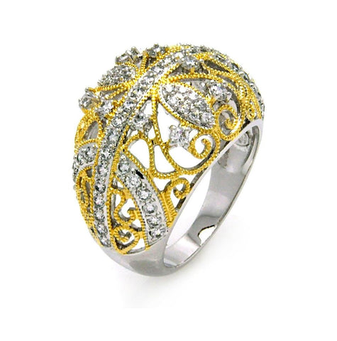 .925 Sterling Silver Rhodium & Gold Plated 2 Toned Clear Cz Filigree Dome Ring, <b>size: 5</b>