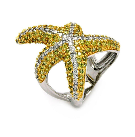 .925 Sterling Silver Rhodium & Gold Plated 2 Toned Pave Set Green & Clear Cz Starfish Ring, <b>size: 5</b>