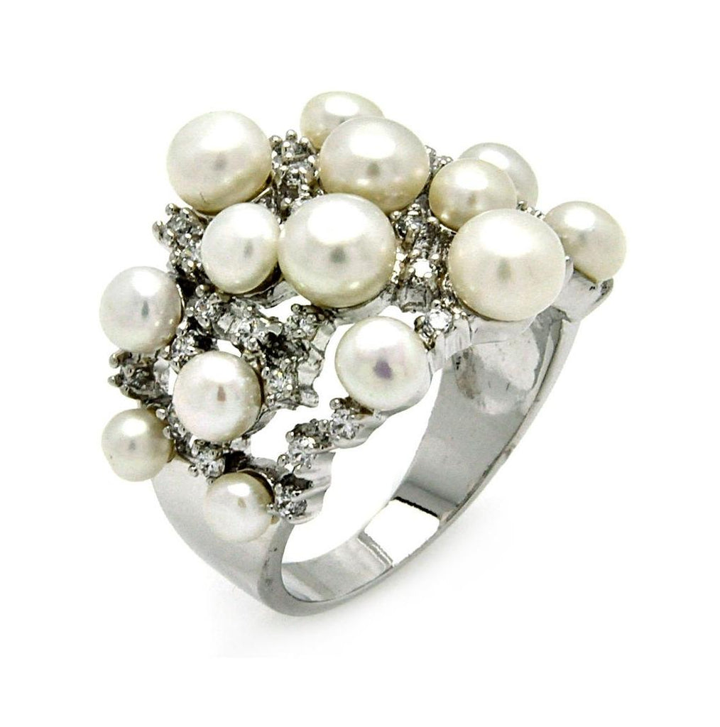 .925 Sterling Silver Rhodium Plated Clear Cz Multiple Synthetic Pearl Ring, <b>size: 5</b>