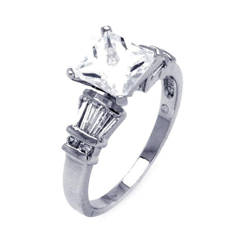 .925 Sterling Silver Rhodium Plated Clear Princess Cut Centerroundbaguette Cz Bridal Ring, <b>size: 5</b>