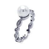 .925 Sterling Silver Rhodium Plated Clear Cz Pearl Center Ring, <b>size: 5</b>