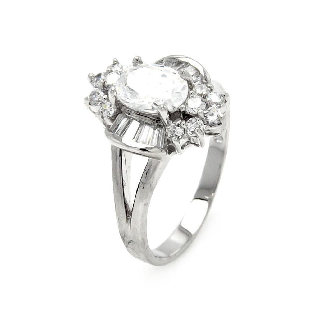 .925 Sterling Silver Rhodium Plated Clear Baguette Round Center Cz Flower Bridal Ring, <b>size: 5</b>