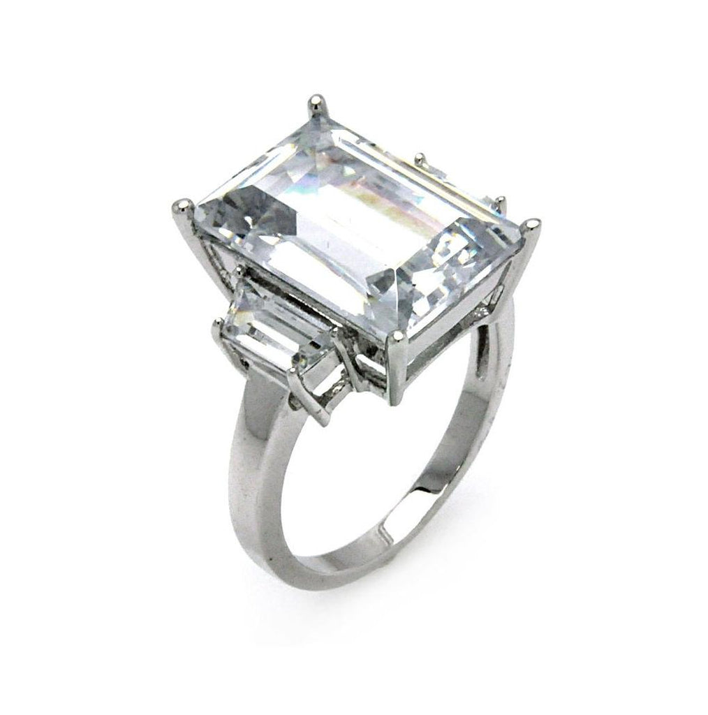 .925 Sterling Silver Rhodium Plated Clear Baguette & Rectangular Center Cz Bridal Ring, <b>size: 5</b>