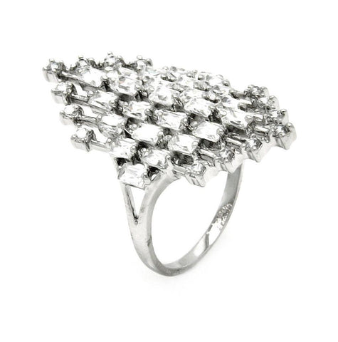 .925 Sterling Silver Rhodium Plated Clear Baguette & Round Cz Diamond Shaped Ring, <b>size: 5</b>