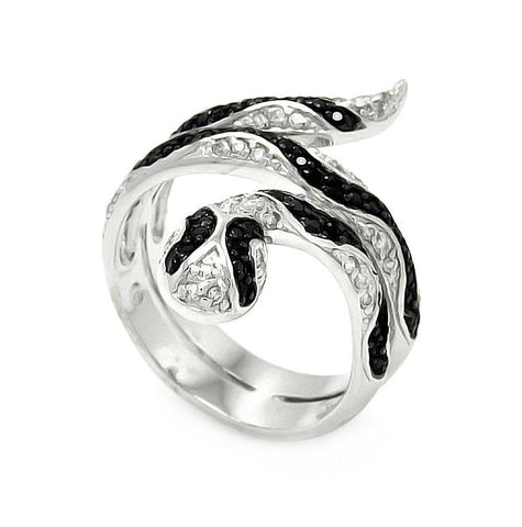 .925 Sterling Silver Rhodium & Black Rhodium Plated Clear & Black Cz Snake Wrap Ring, <b>size: 5</b>