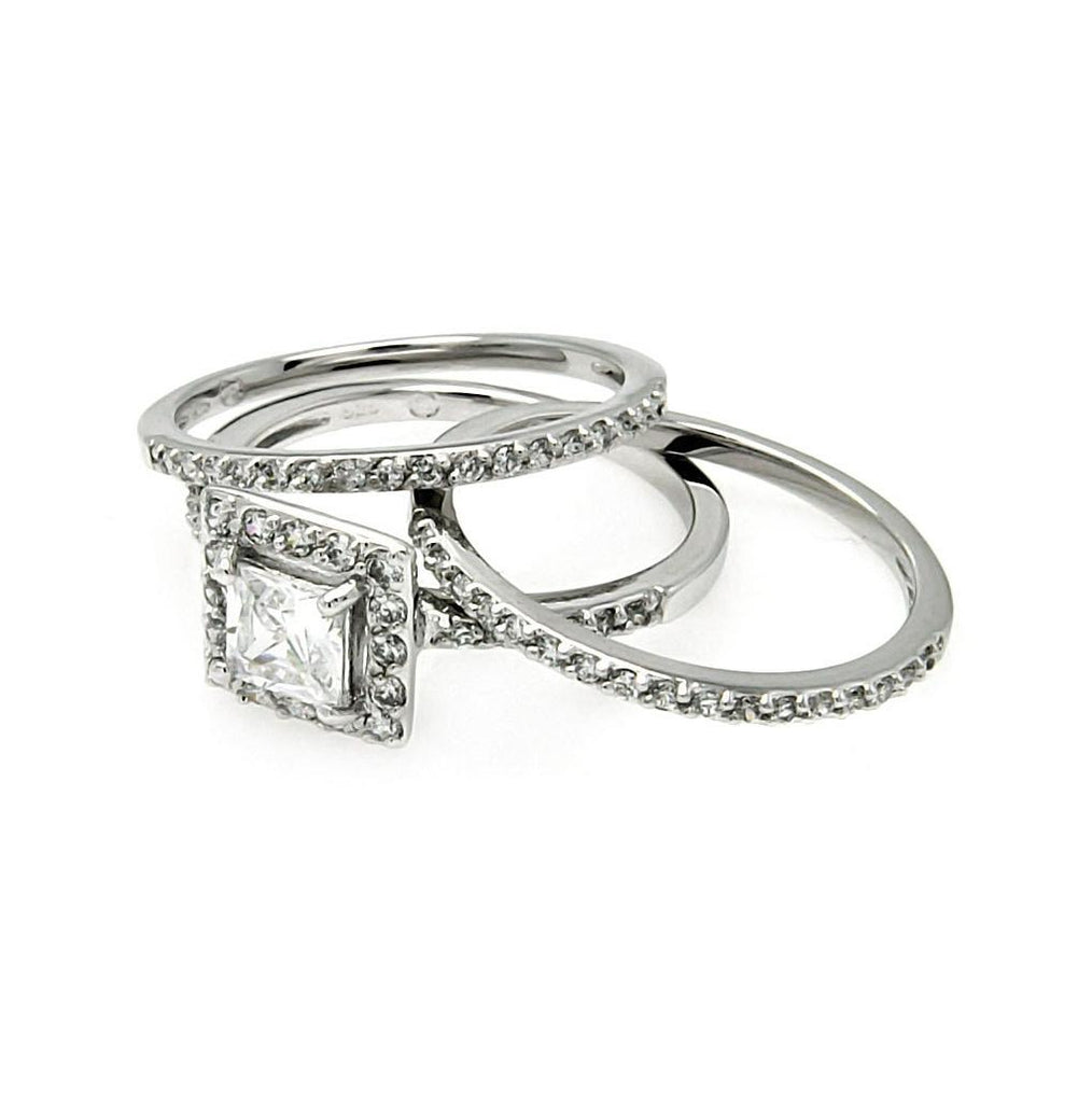 .925 Sterling Silver Rhodium Plated Square Clear Cz Stackable Bridal Ring Set, <b>size: 5</b>