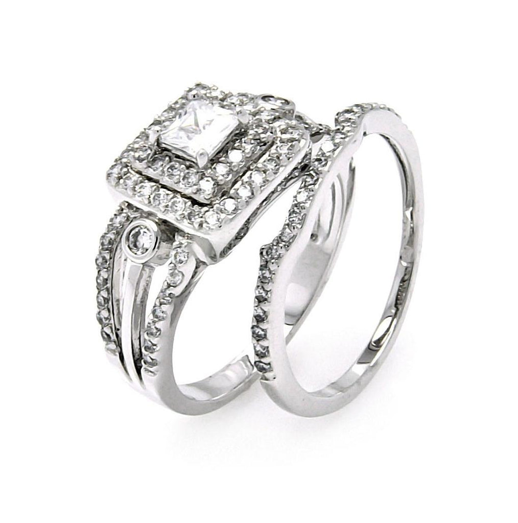 .925 Sterling Silver Rhodium Plated Clear Cz Bridal Multi Layer Square Ring Set, <b>size: 5</b>