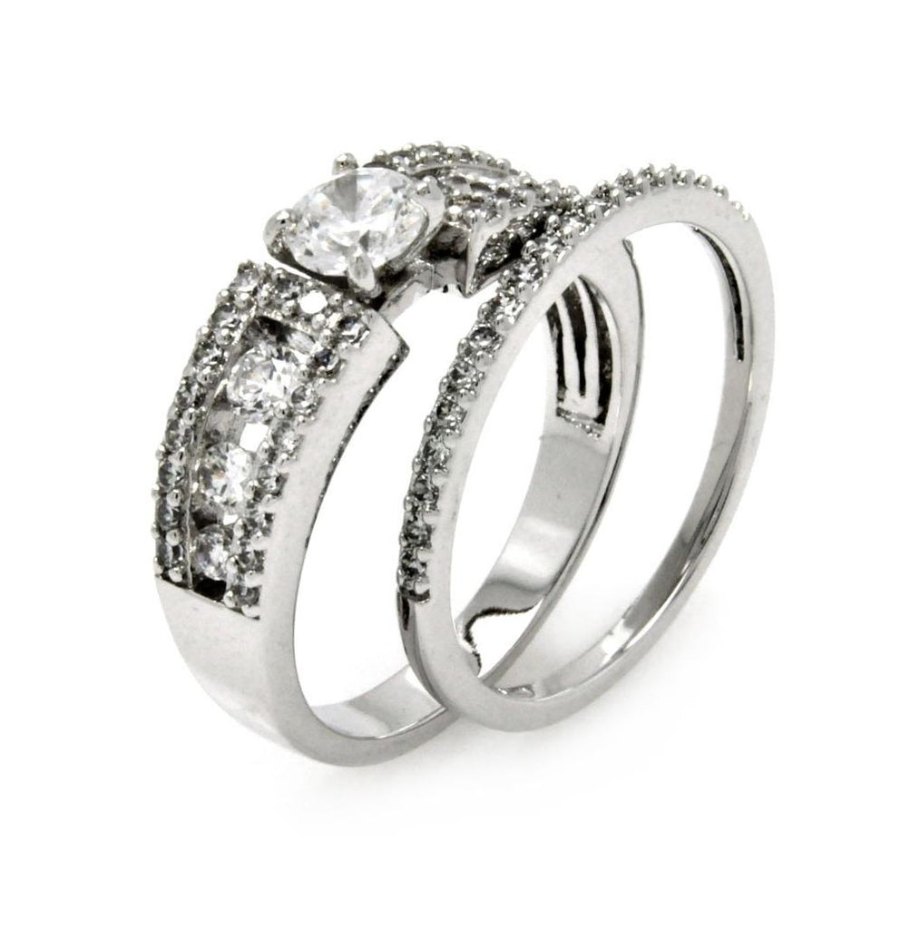 .925 Sterling Silver Rhodium Plated Clear Pave Set Round Center Cz Bridal Ring Set, <b>size: 5</b>