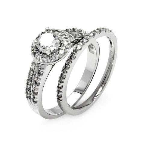 .925 Sterling Silver Rhodium Plated Clear Pave Set Cz Round Bridal Ring Set, <b>size: 5</b>