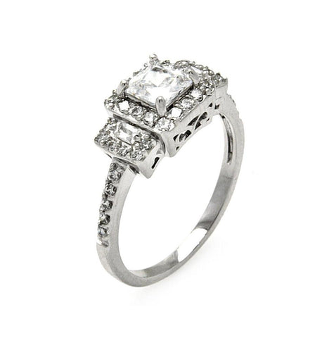 .925 Sterling Silver Rhodium Plated Clear Square Centerbaguetteround Cluster Cz Bridal Ring, <b>size: 5</b>