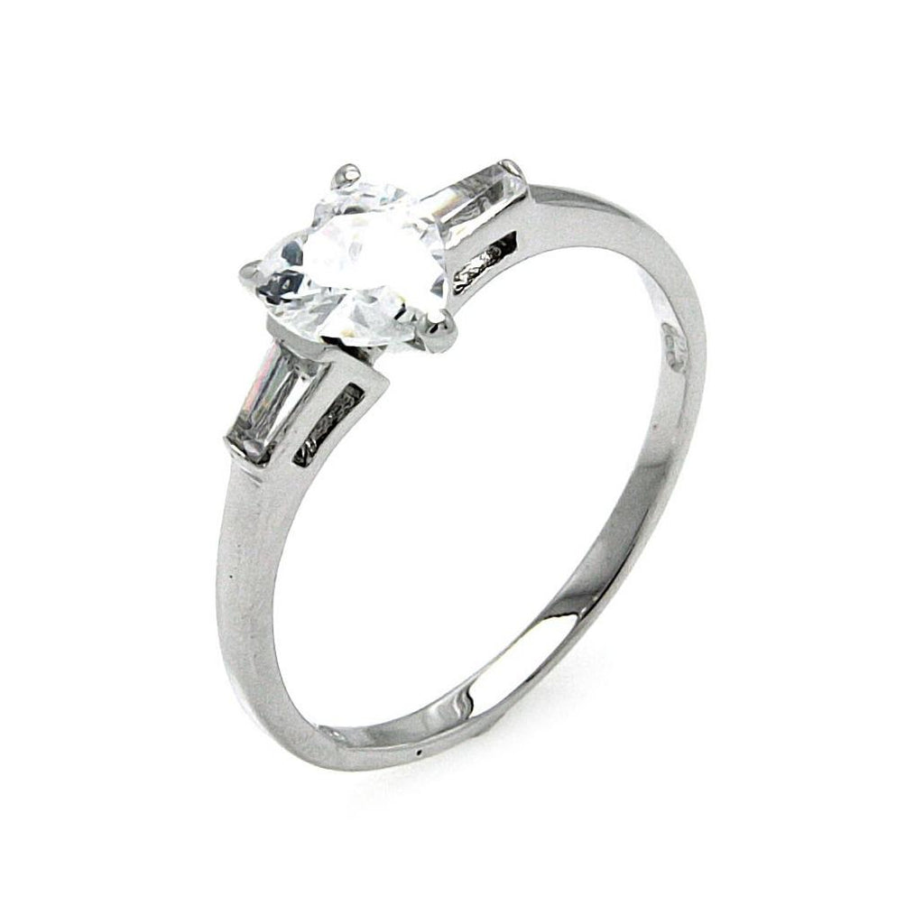 .925 Sterling Silver Rhodium Plated Clear Heart & Baguette Sides Cz Ring, <b>size: 5</b>