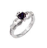 .925 Sterling Silver Rhodium Plated Purple Heart Cz Claddagh Ring, <b>size: 5</b>