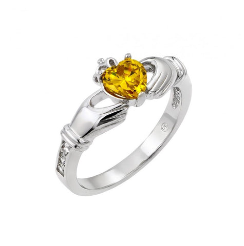 .925 Sterling Silver Rhodium Plated Yellow Heart Cz Claddagh Ring, <b>size: 5</b>