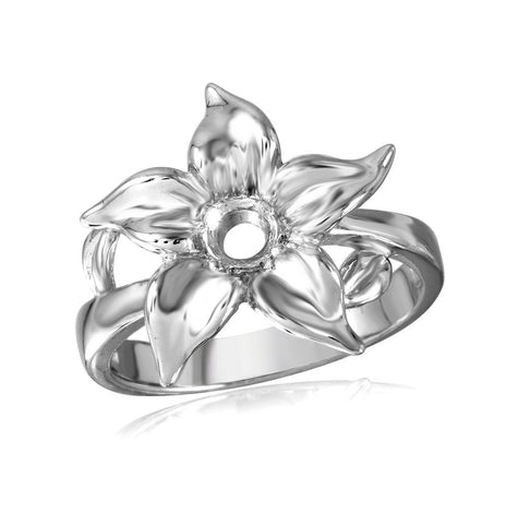 .925 Sterling Silver Rhodium Plated Flower Single Stone Mounting Ring, <b>size: 5</b>