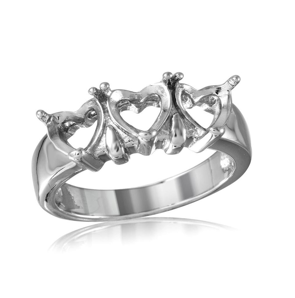 .925 Sterling Silver Rhodium Plated 3 Hearts Mounting Ring, <b>size: 5</b>