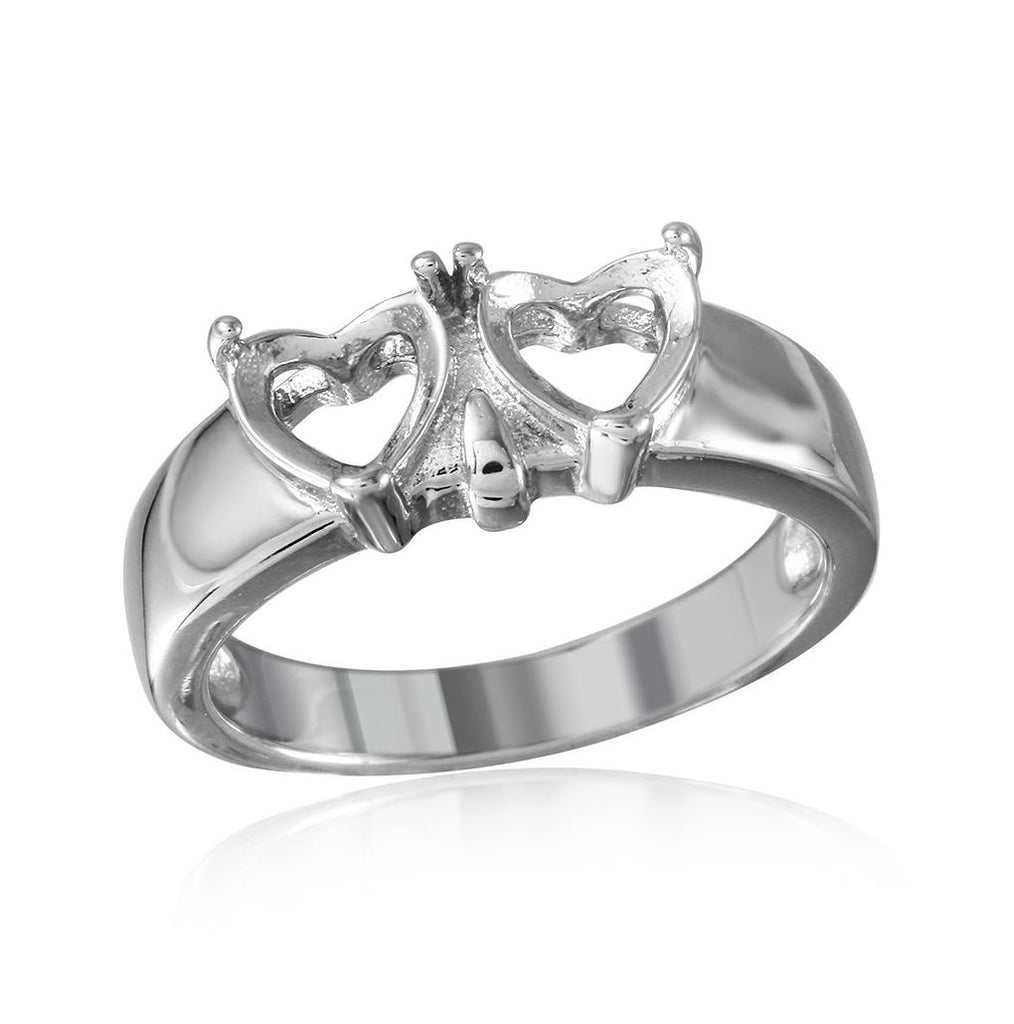 .925 Sterling Silver Rhodium Plated Double Heart Mounting Ring, <b>size: 5</b>