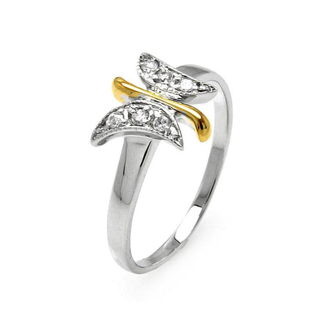 .925 Sterling Silver Rhodium & Gold Plated 2 Toned Clear Pave Set Cz Butterfly Ring, <b>size: 5</b>