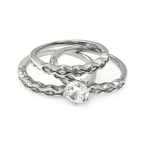 .925 Sterling Silver Rhodium Plated Clear Round Center Cz Bridal Ring Set, <b>size: 5</b>