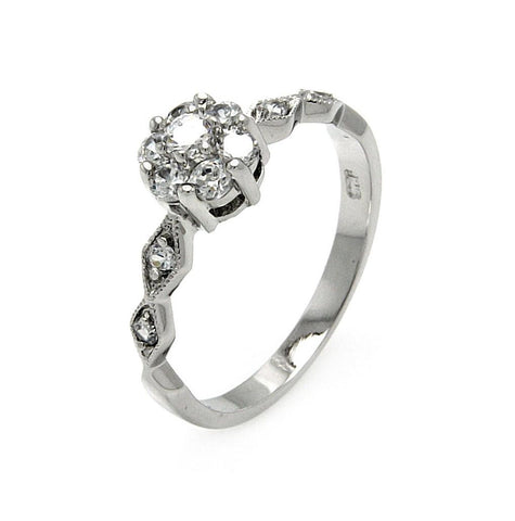 .925 Sterling Silver Rhodium Plated Diamond Shaped Sides Clear Cz Flower Ring, <b>size: 5</b>